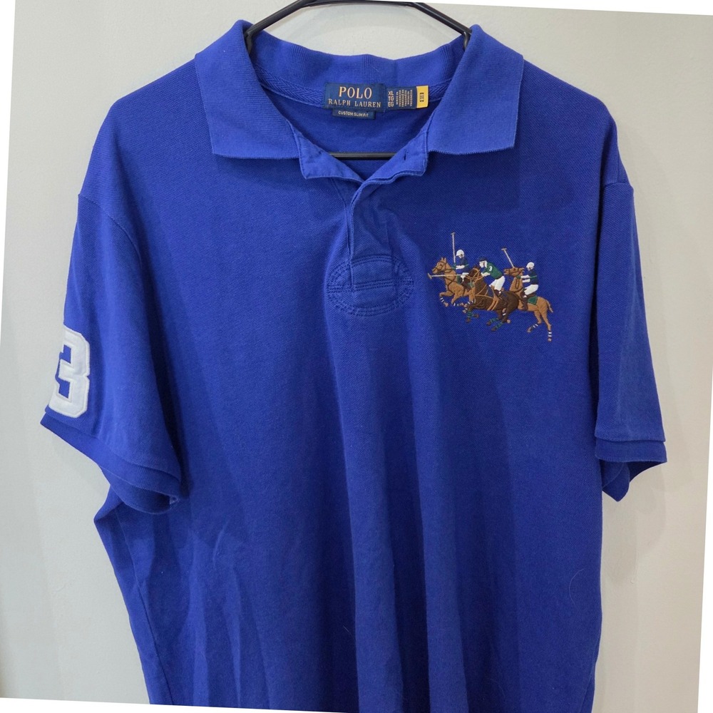 Polo Ralph Lauren Polo Shirt XL Blue Triple Pony Custom Slim Fit